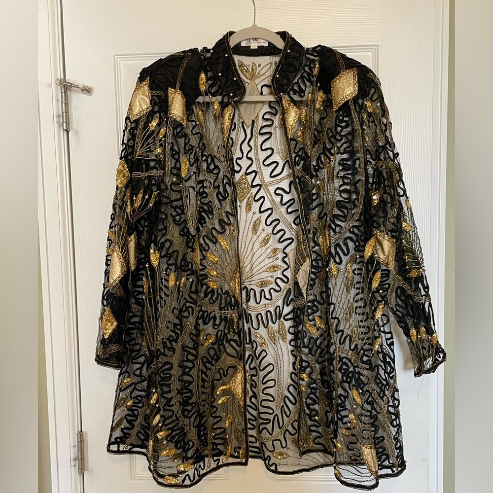 Vintage 80s Designer Tan Chho Sheer Sequins Midi Duster with Embellishments
